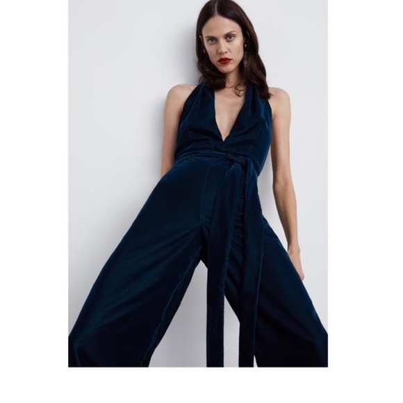 Zara Deep Teal Halter Velvet Jumpsuit - Picture 4 of 12